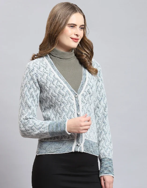 Women Blue Self Design V Neck Full Sleeve Cardigan