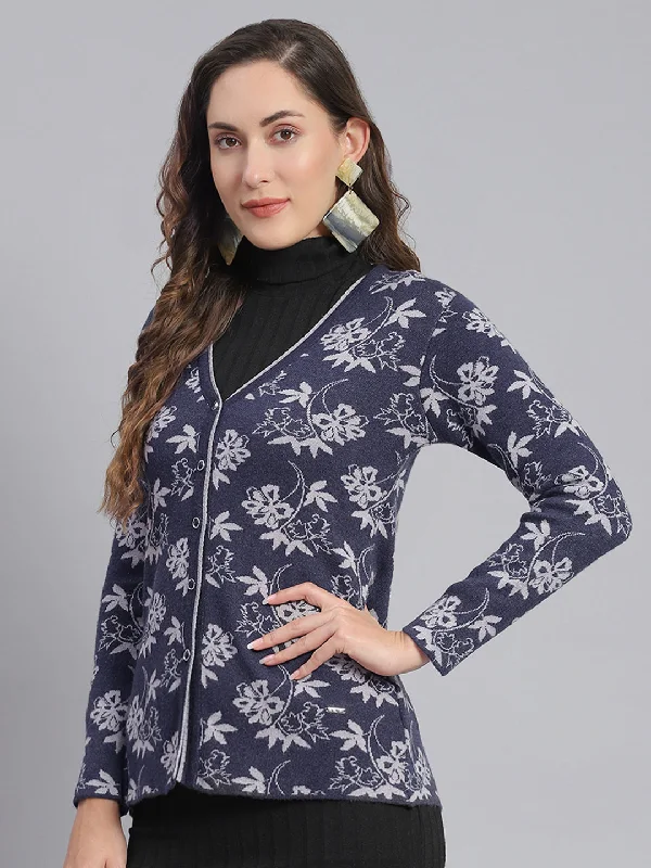 Women Blue Self Design V Neck Full Sleeve Cardigans