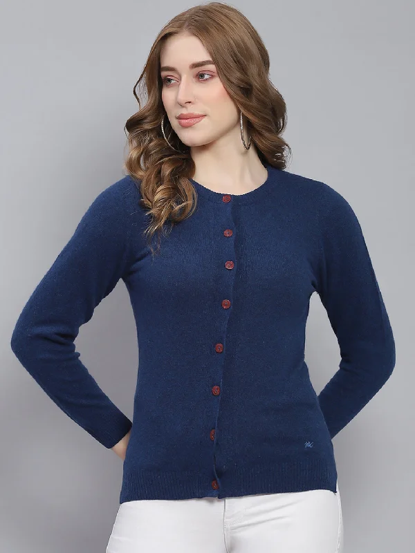 Women Blue Solid Round Neck Full Sleeve Cardigans