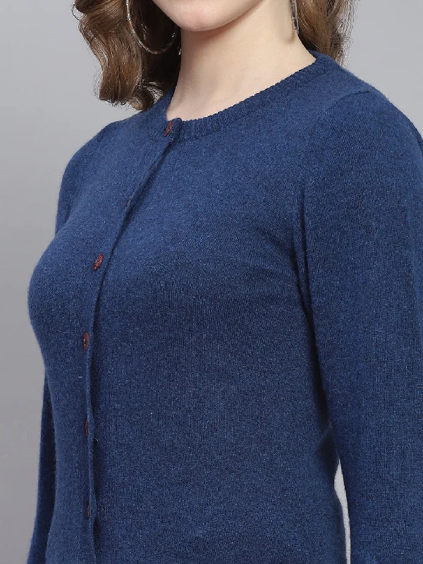 Women Blue Solid Round Neck Full Sleeve Cardigans