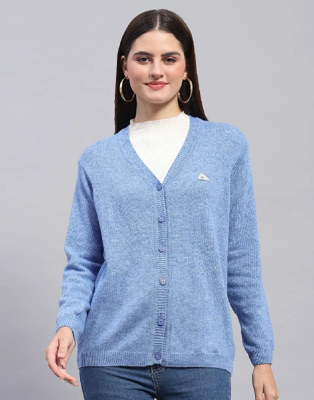 Women Blue Solid V Neck Full Sleeve Cardigan