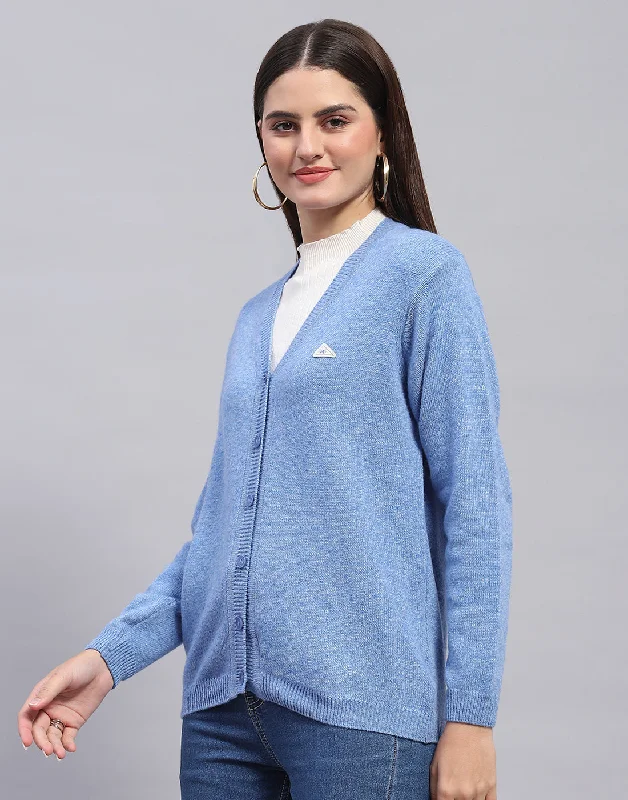 Women Blue Solid V Neck Full Sleeve Cardigan