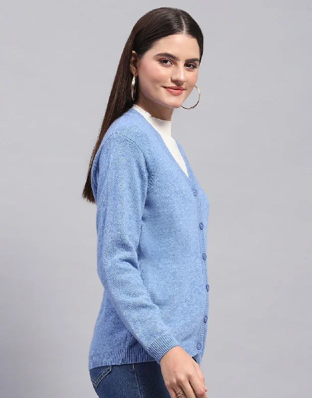 Women Blue Solid V Neck Full Sleeve Cardigan