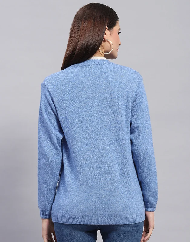 Women Blue Solid V Neck Full Sleeve Cardigan