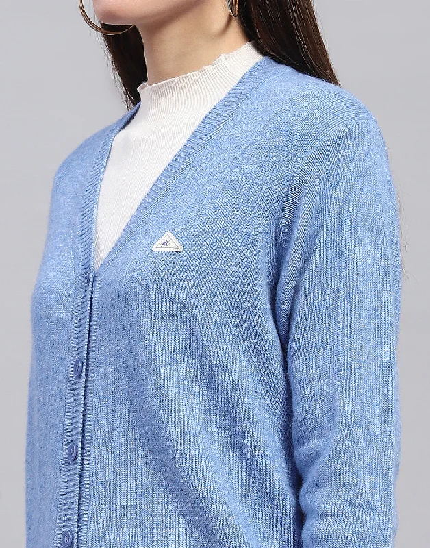 Women Blue Solid V Neck Full Sleeve Cardigan