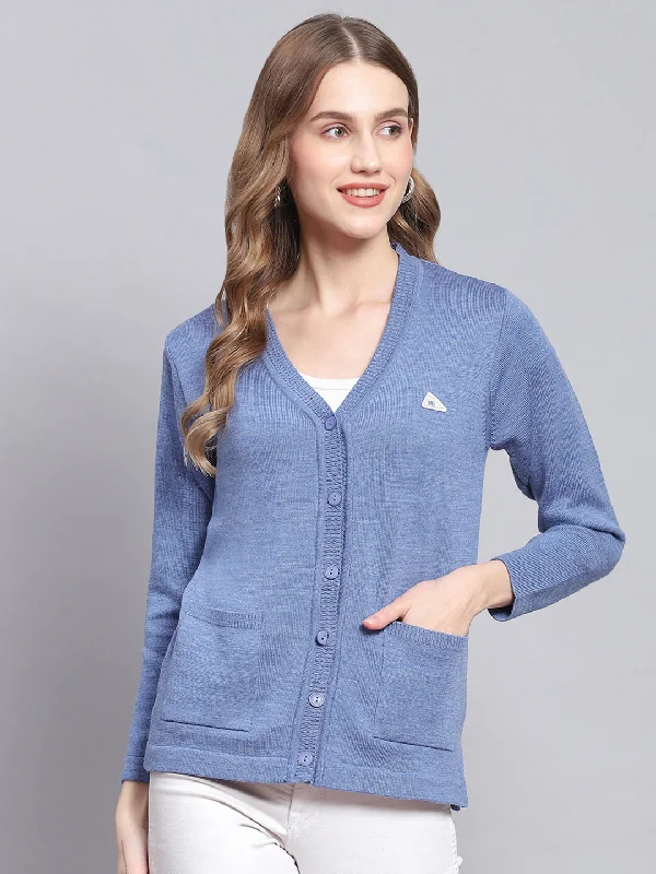 Women Blue Solid V Neck Full Sleeve Cardigans