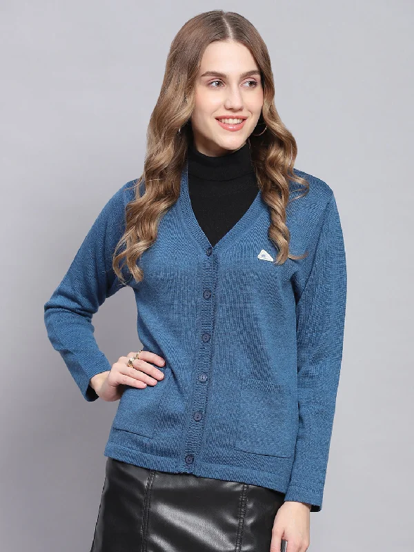 Women Blue Solid V Neck Full Sleeve Cardigans