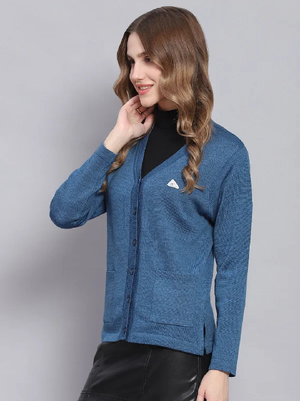 Women Blue Solid V Neck Full Sleeve Cardigans