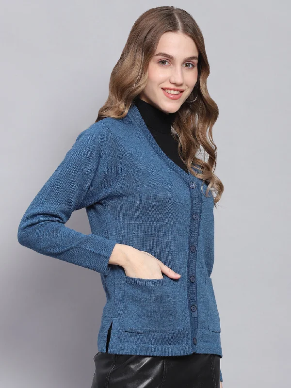 Women Blue Solid V Neck Full Sleeve Cardigans