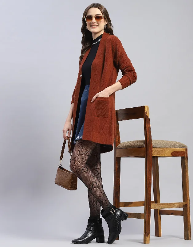 Women Brown Self Design V Neck Full Sleeve Cardigan