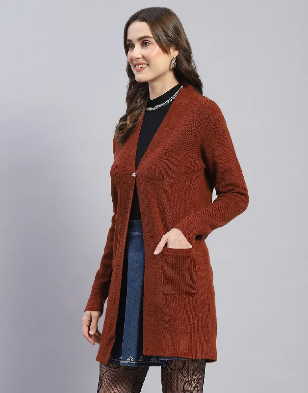 Women Brown Self Design V Neck Full Sleeve Cardigan