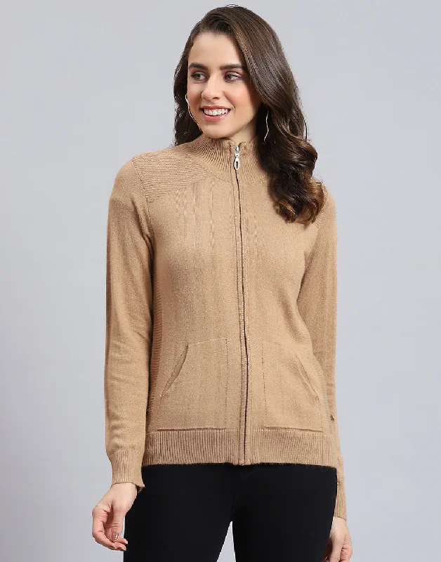 Women Brown Solid H Neck Full Sleeve Cardigan