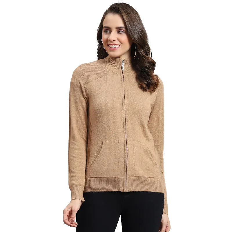 Women Brown Solid H Neck Full Sleeve Cardigan