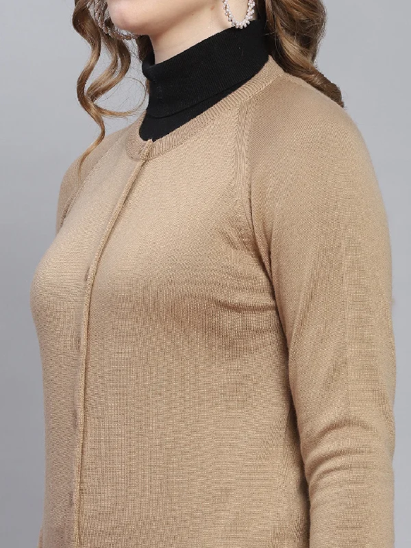 Women Brown Solid Round Neck Full Sleeve Cardigans