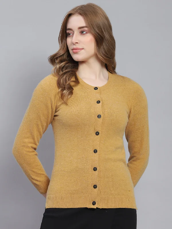 Women Brown Solid Round Neck Full Sleeve Cardigans