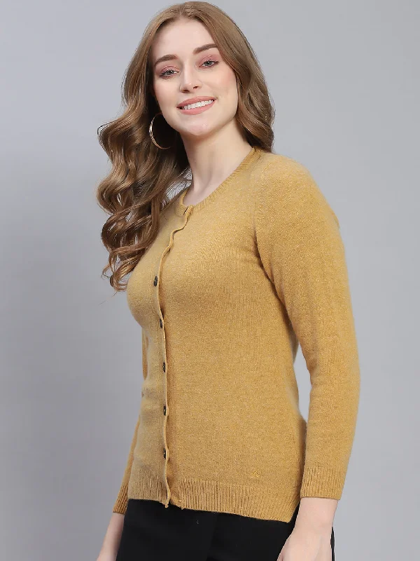 Women Brown Solid Round Neck Full Sleeve Cardigans