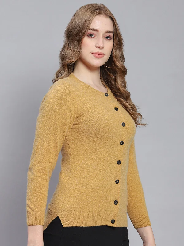 Women Brown Solid Round Neck Full Sleeve Cardigans