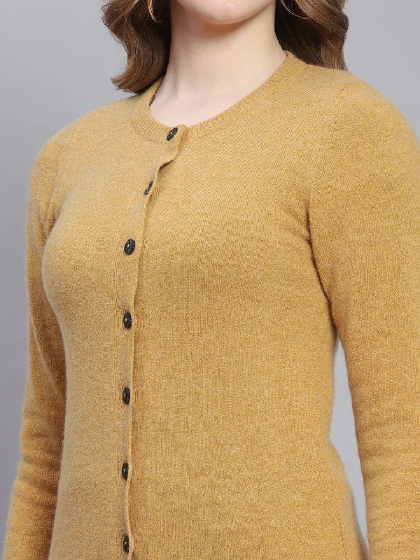 Women Brown Solid Round Neck Full Sleeve Cardigans