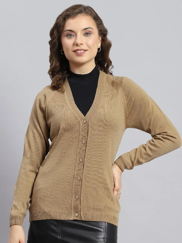 Women Brown Solid V Neck Full Sleeve Cardigans