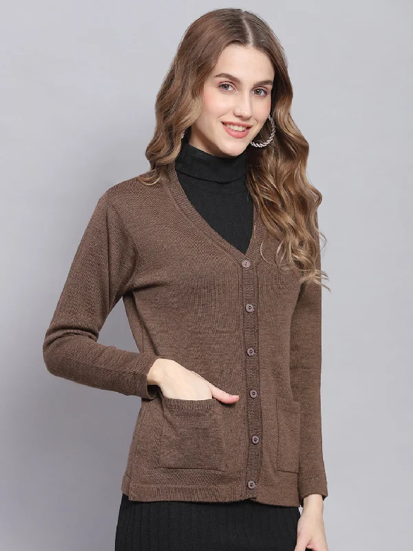 Women Brown Solid V Neck Full Sleeve Cardigans