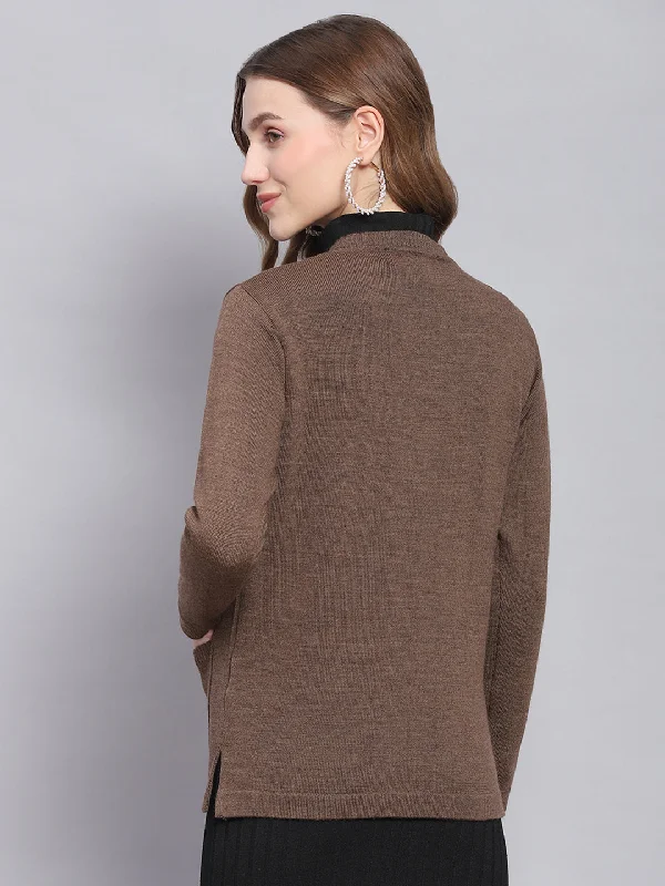 Women Brown Solid V Neck Full Sleeve Cardigans