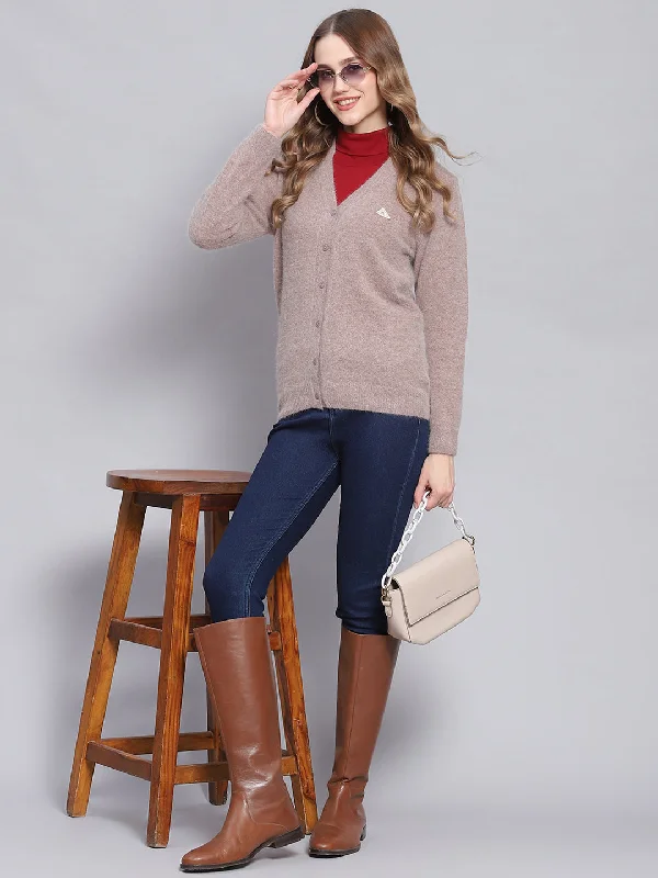 Women Brown Solid V Neck Full Sleeve Cardigans