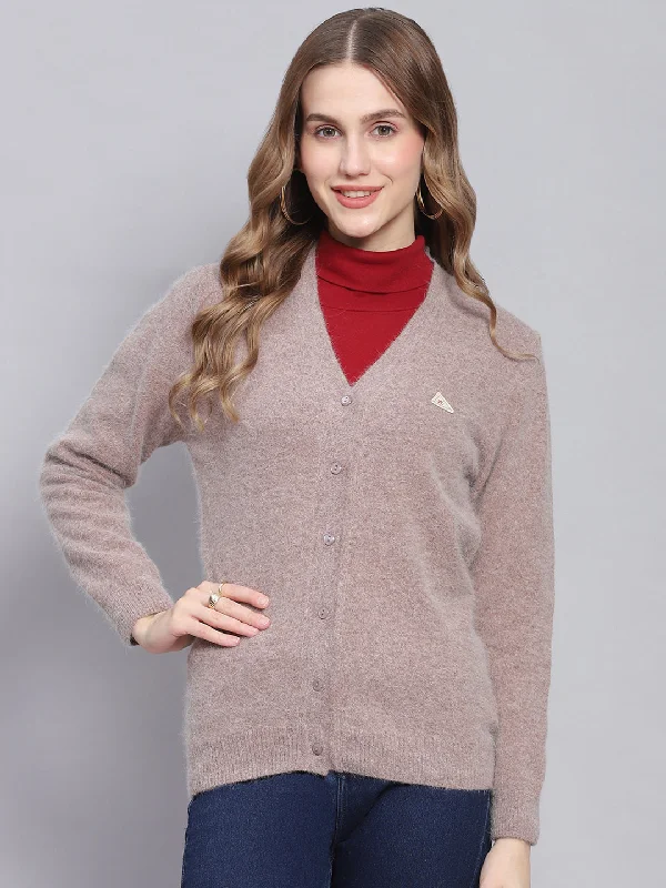 Women Brown Solid V Neck Full Sleeve Cardigans