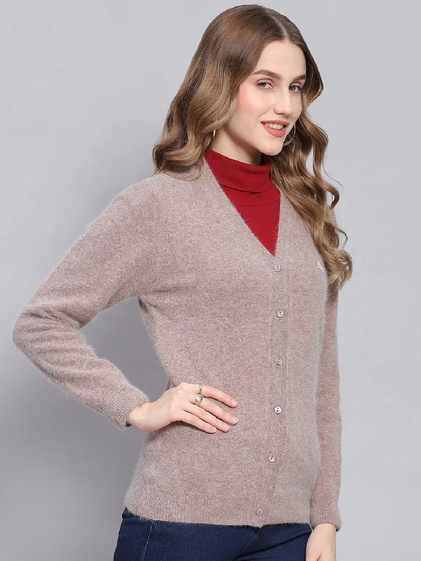 Women Brown Solid V Neck Full Sleeve Cardigans