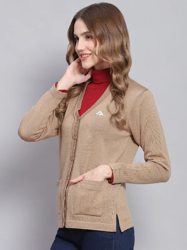 Women Camel Brown Solid V Neck Full Sleeve Cardigans