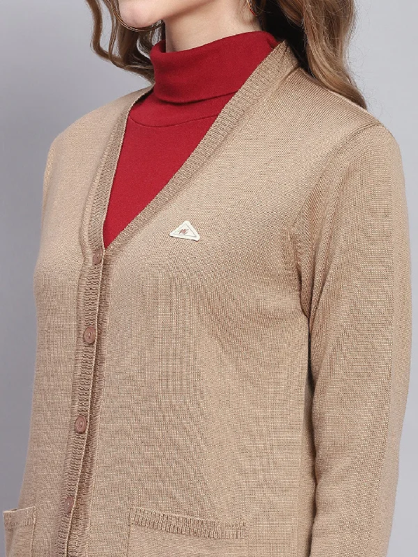 Women Camel Brown Solid V Neck Full Sleeve Cardigans