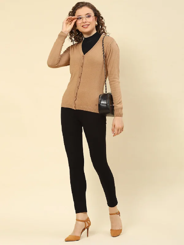 Women Camel Brown Solid V Neck Full Sleeve Cardigans