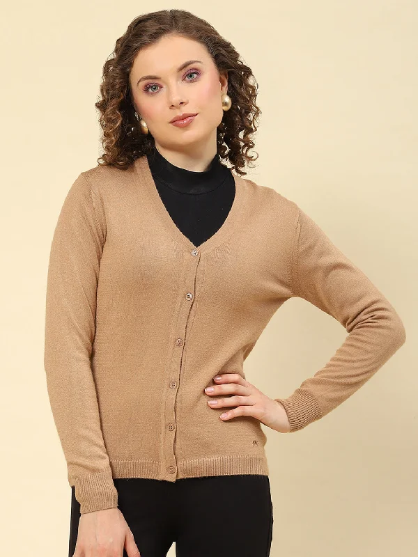 Women Camel Brown Solid V Neck Full Sleeve Cardigans