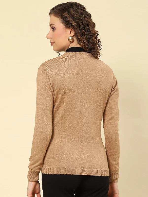 Women Camel Brown Solid V Neck Full Sleeve Cardigans