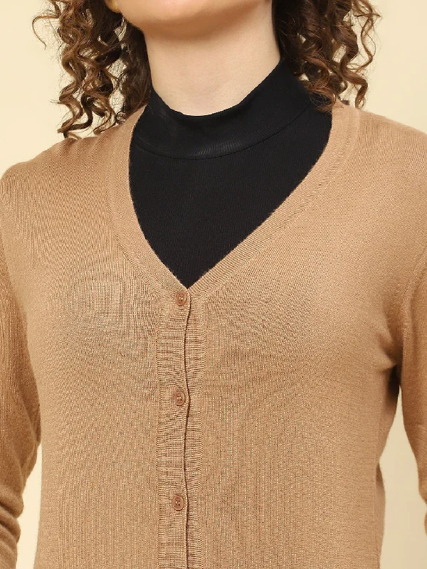 Women Camel Brown Solid V Neck Full Sleeve Cardigans