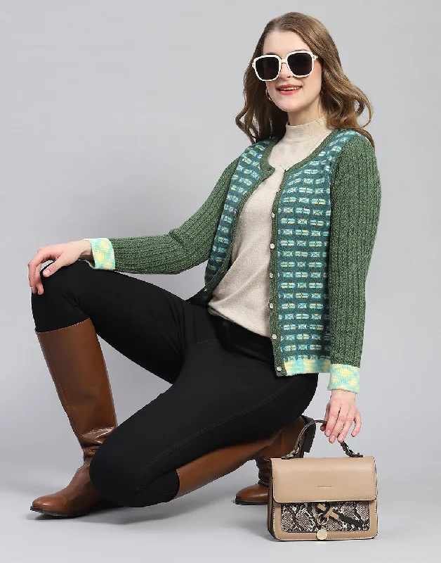 Women Green Self Design Round Neck Full Sleeve Cardigan