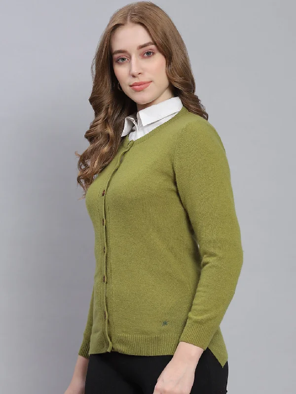 Women Green Solid Round Neck Full Sleeve Cardigans