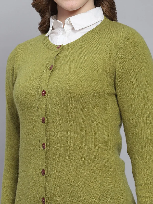 Women Green Solid Round Neck Full Sleeve Cardigans