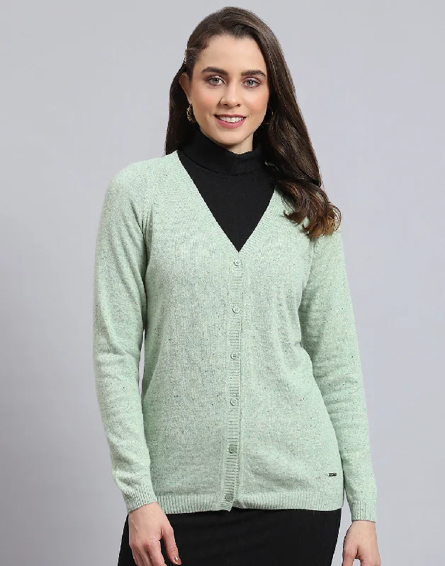 Women Green Solid V Neck Full Sleeve Cardigan