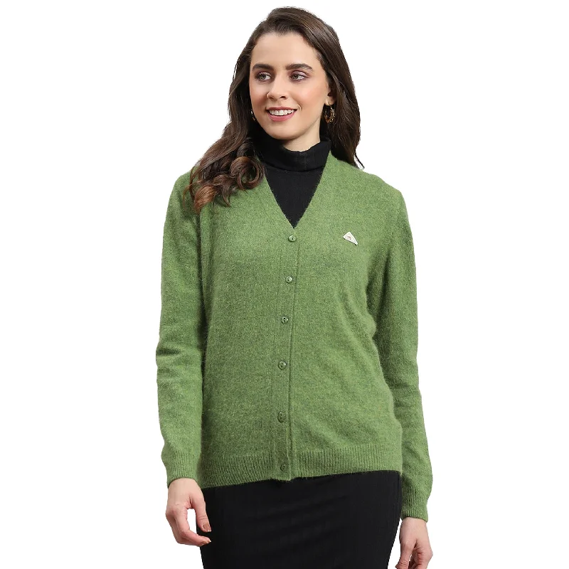 Women Green Solid V Neck Full Sleeve Cardigan