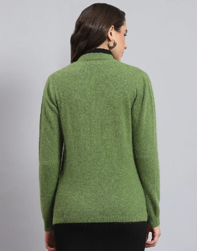 Women Green Solid V Neck Full Sleeve Cardigan