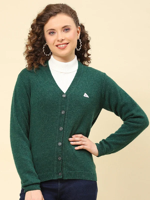 Women Green Solid V Neck Full Sleeve Cardigans