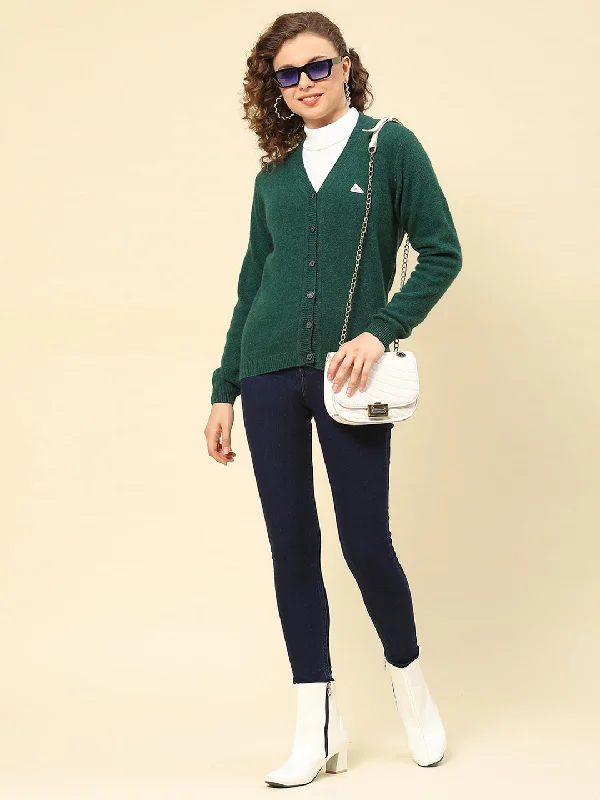 Women Green Solid V Neck Full Sleeve Cardigans