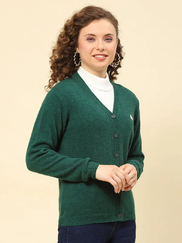 Women Green Solid V Neck Full Sleeve Cardigans