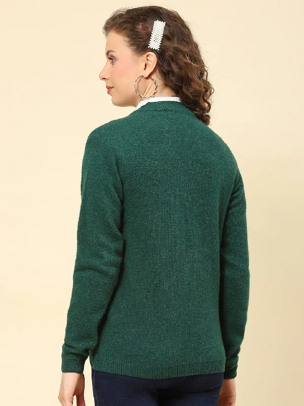 Women Green Solid V Neck Full Sleeve Cardigans