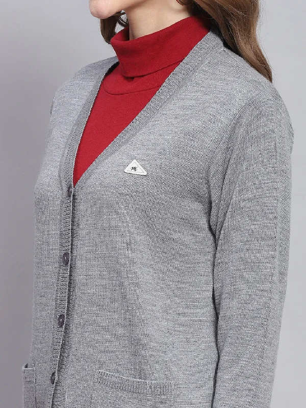 Women Grey Melange Solid V Neck Full Sleeve Cardigans