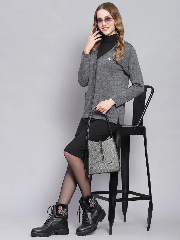 Women Grey Melange Solid V Neck Full Sleeve Cardigans