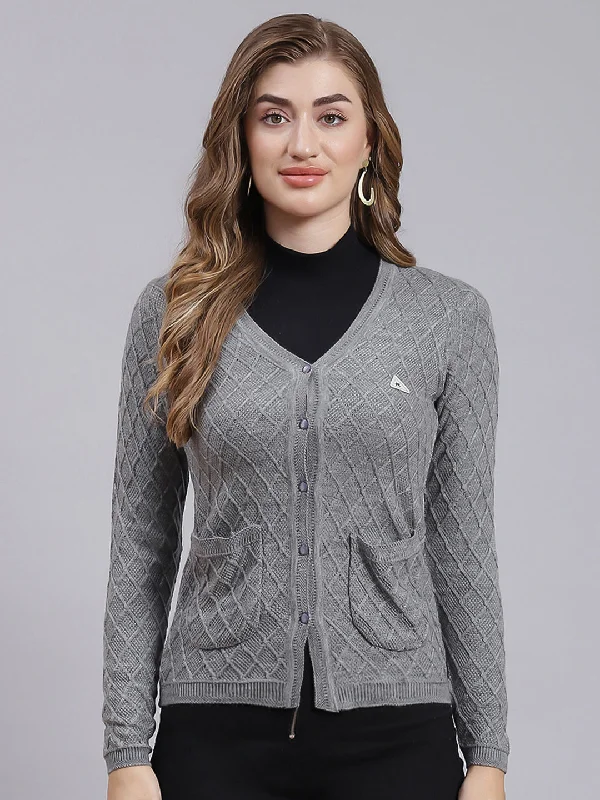 Women Grey Self Design Wool blend Cardigan