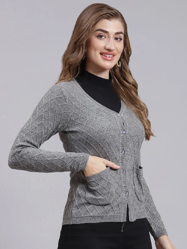 Women Grey Self Design Wool blend Cardigan