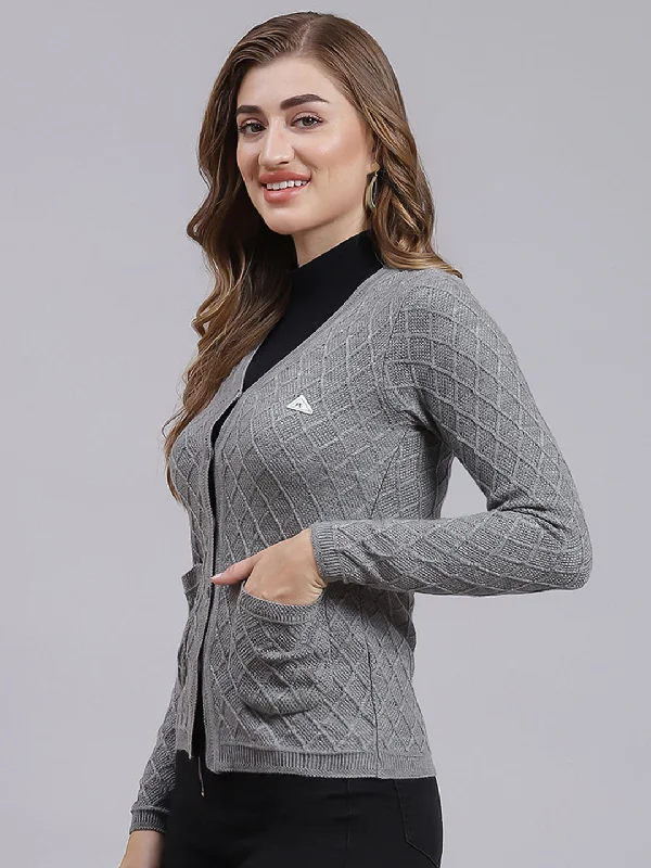 Women Grey Self Design Wool blend Cardigan