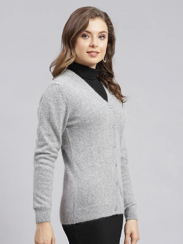 Women Grey Solid Angoora Cardigan